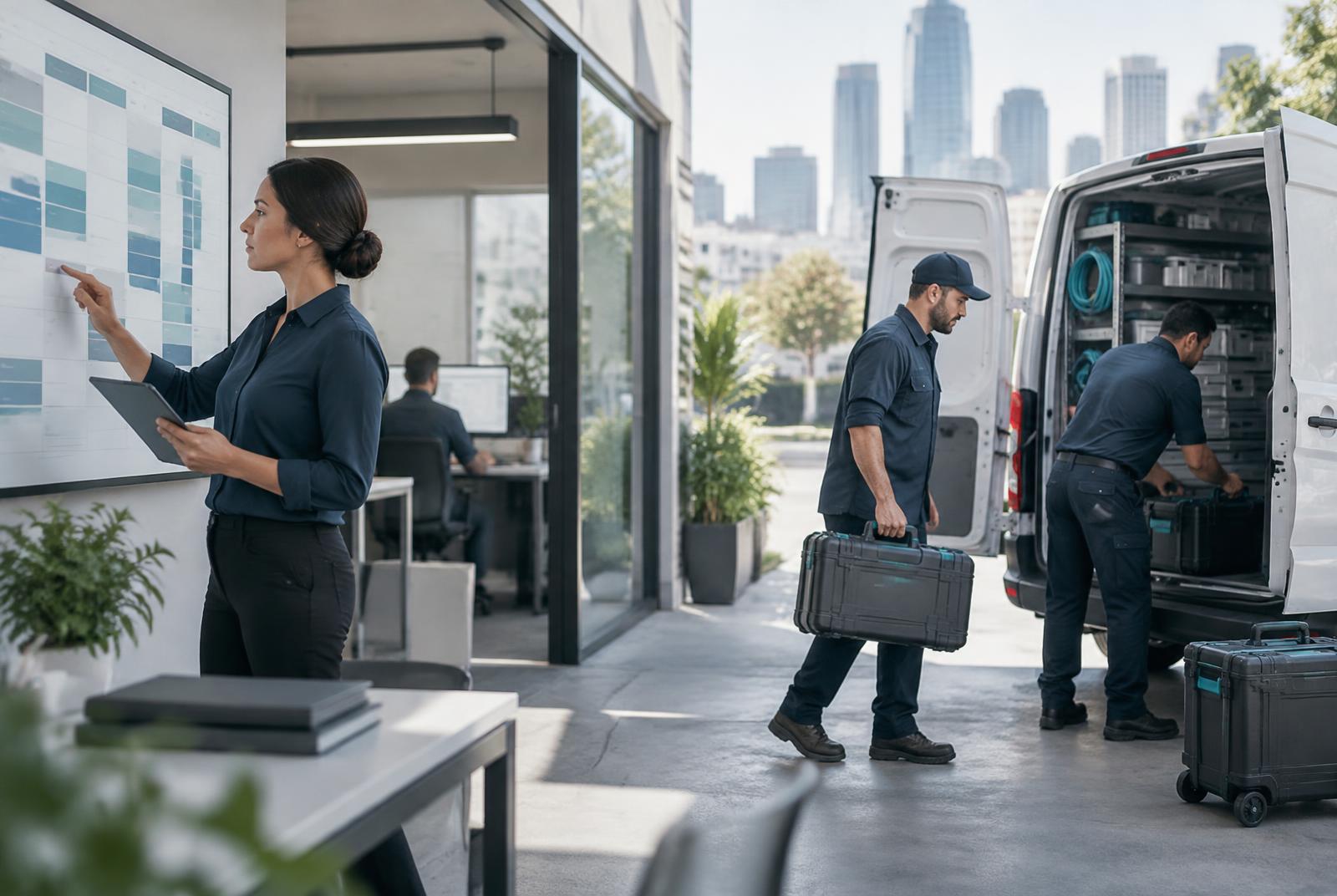 A dispatcher coordinating technicians beside a service van
