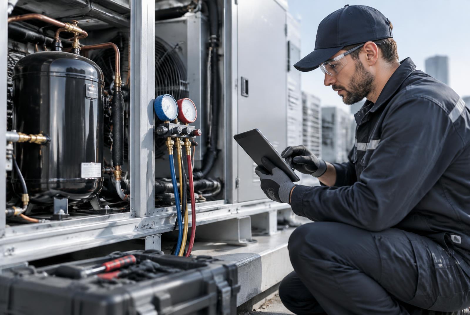 Technician recording diagnostics beside commercial refrigeration equipment